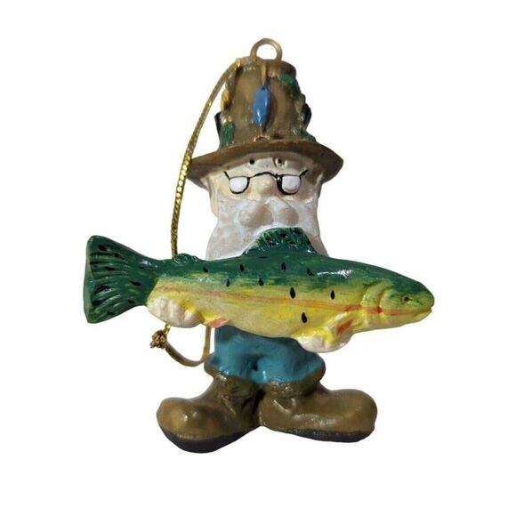 Fisherman with Waders Holding a Trout Fish Hanging Ornament Resin 2.75 x 2.25 in - Picture 1 of 5